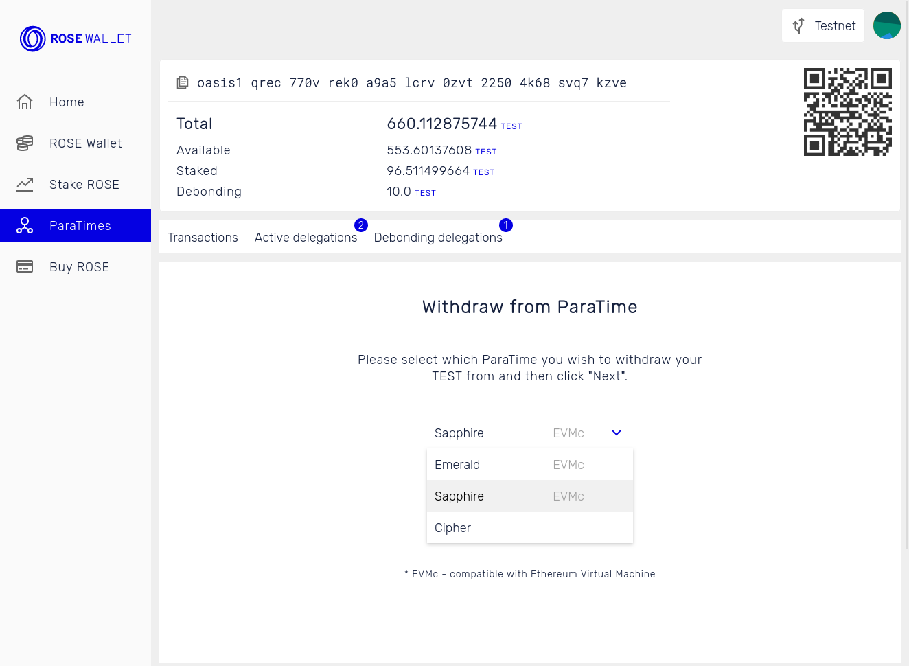 Withdraw tokens: Select ParaTime